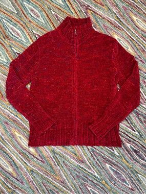 🍓 Coldwater Creek Chenile Deep Red Zip-Front Turtleneck Sweater 🍓